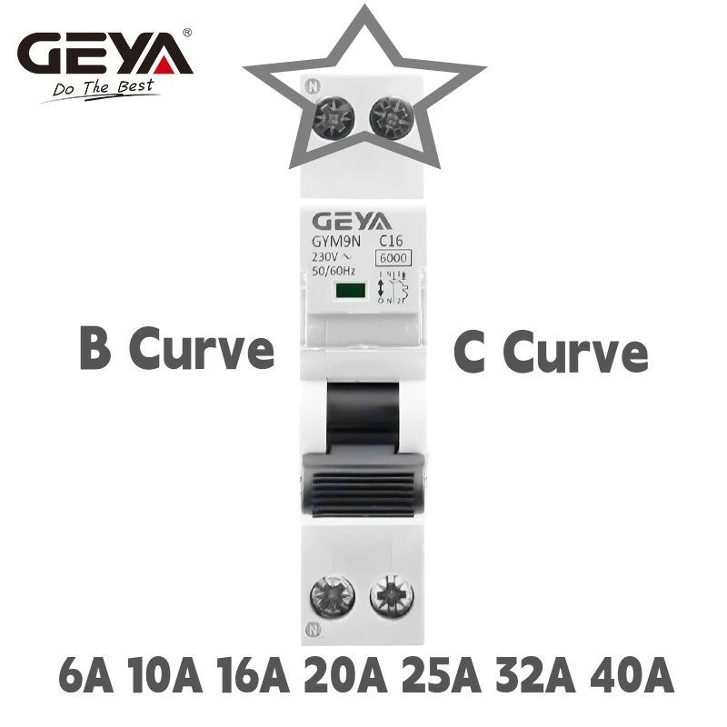 GEYA GYM9N 1P+N MCB 6A 10A 16A 20A 25A 32A 40A 220V AC 회로 차단기 6KA C 곡선 B 곡선