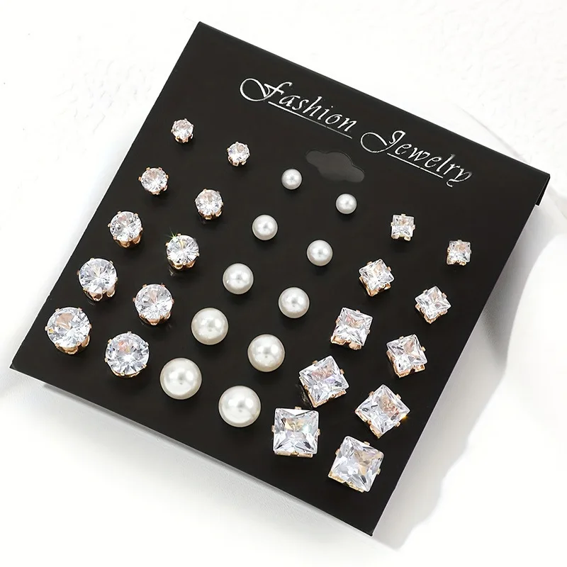 남성과 여성 모두의 일상 착용에 적합한 레트로 진주 기하학 6개 발톱 크리스탈 지르콘 귀걸이 세트 15쌍