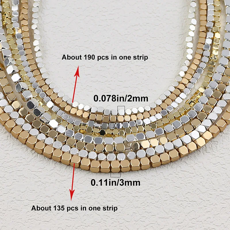 2mm 3mm 스퀘어 스톤 비드 매트 도금 골드 실버 로즈 컬러 적철광 루즈 비즈 쥬얼리 만들기 팔찌 DIY 액세서리