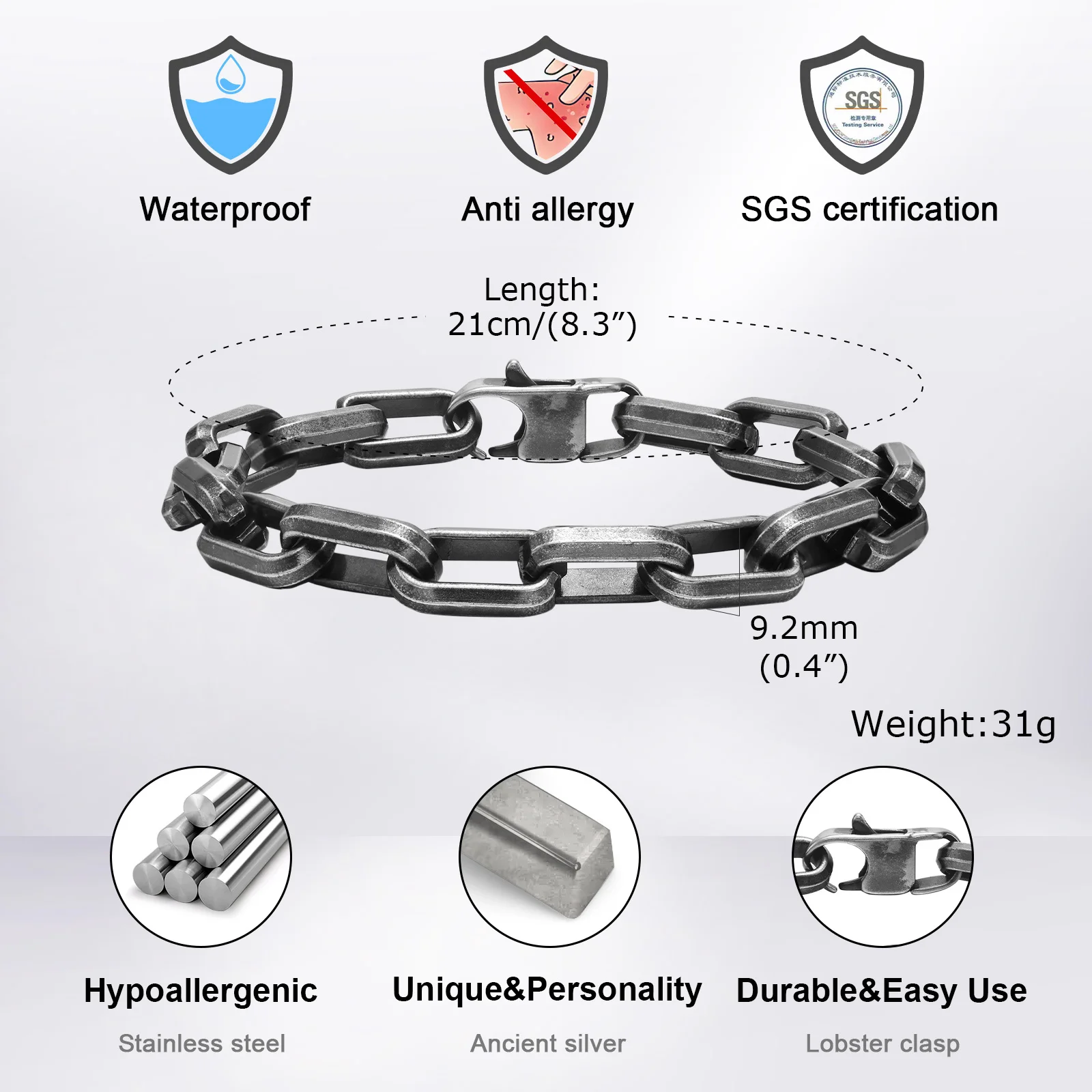 Vnox 펑크 남성용 무거운 직사각형 링크 체인 팔찌, 십대 소년, 빈티지 산화 종이 클립 체인 팔찌, 청키 쥬얼리