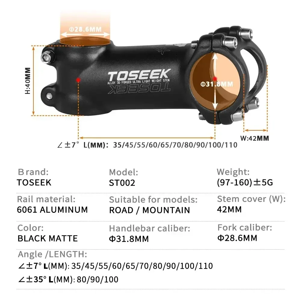 TOSEEK 7도 자전거 줄기 28.6mm 31.8mm MTB 도로 자전거 테이블 35-110mm 부정적인 자전거 전원 경량 산악 자전거 줄기