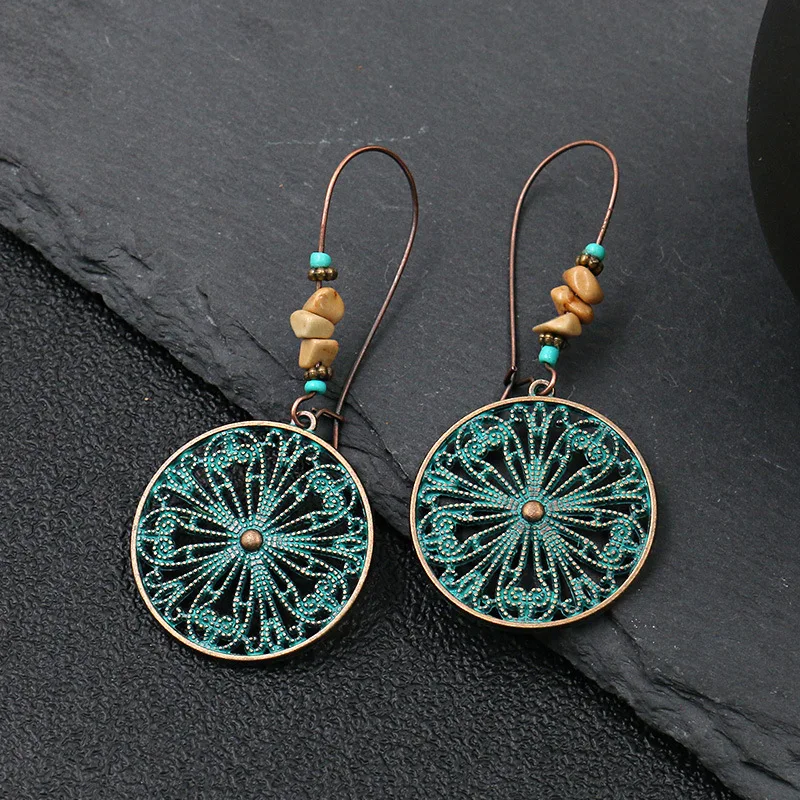 민족 빈티지 보헤미아 여성을위한 큰 귀고리 드롭 귀걸이 기하학 잎 날개 꽃 중공 라운드 Boho Earings 골동품 보석