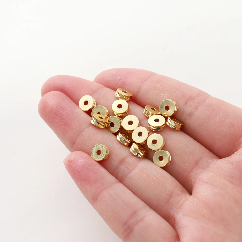 50Pcs 4/5/6mm 14K/18K 골드 도금 황동 라운드 대각선 컷 비즈 플랫 라운드 스페이서 비즈 DIY 보석 만들기 용품 도매