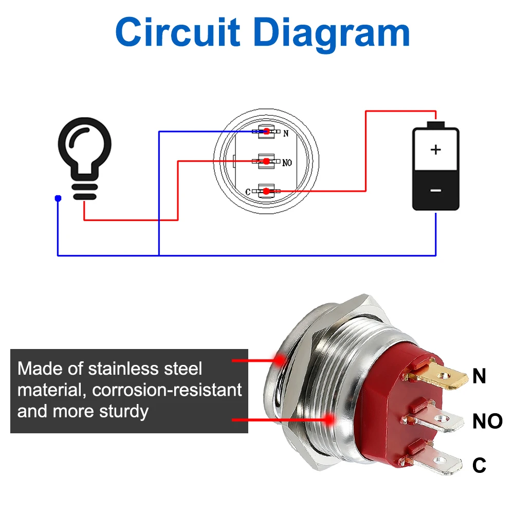 22mm 금속 버튼 로커 스위치 스테인레스 스틸 12V 20A 자동 잠금 2 위치 자동차 토글 스위치 ON-OFF 220V 15A 3 핀
