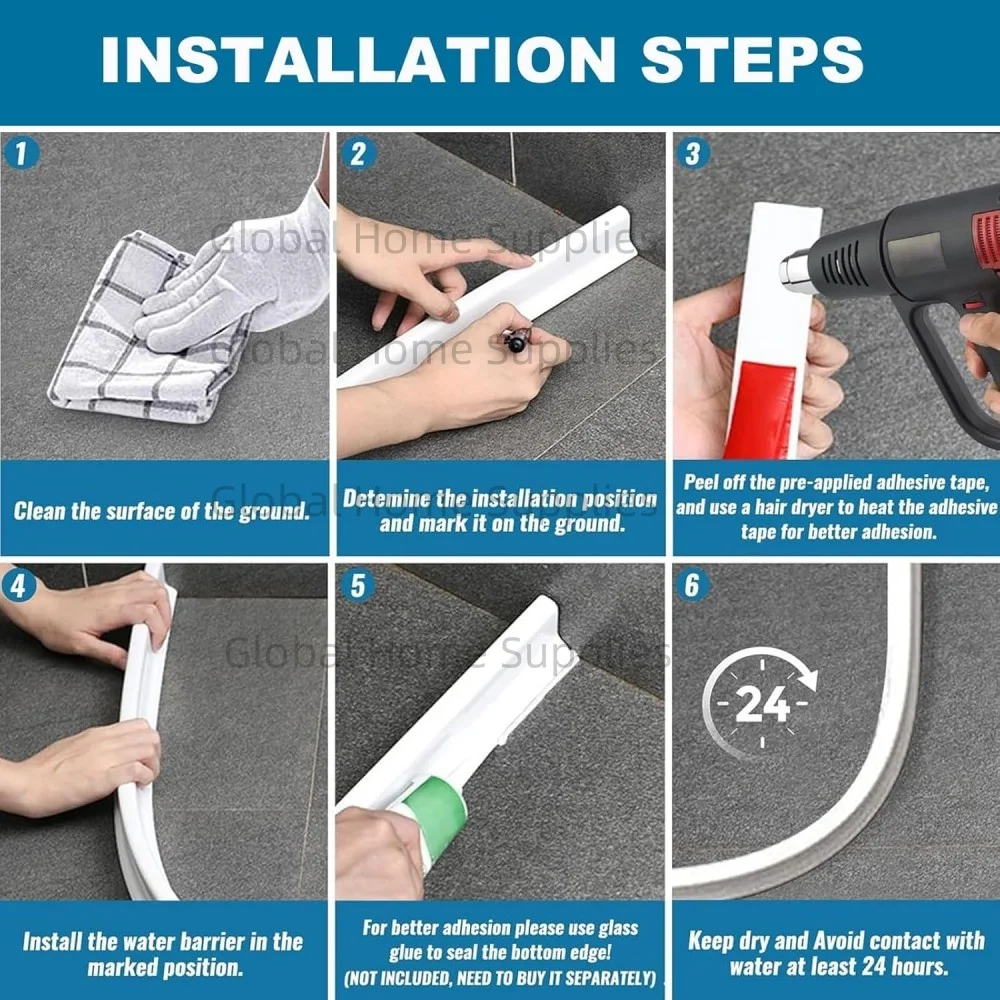 샤워 임계 값 워터 가드 댐 바닥 씰 욕실 유리 샤워 도어 스트립 건식 및 습식 분리 코킹 씰 엣지 테이프