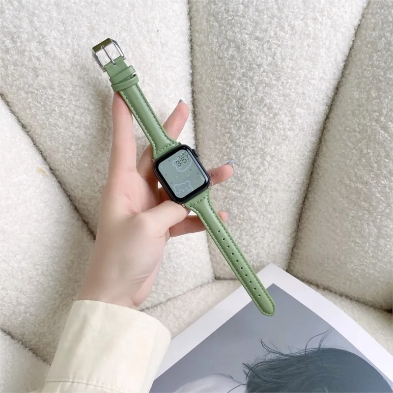 Apple Watch 밴드 용 슬림 가죽 스트랩 44mm 45mm 41mm 40mm 38mm 손목 여성용 팔찌 iWatch 시리즈 9 8 7 6 5 4 3 SE Ultra 2 49mm