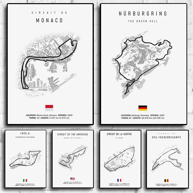 F1 Imola 모나코 트랙 회로 캔버스 페인팅 포뮬러 1 월 아트, 북유럽 포스터, 미적 모터스포츠 레이스 그림, 홈 데코