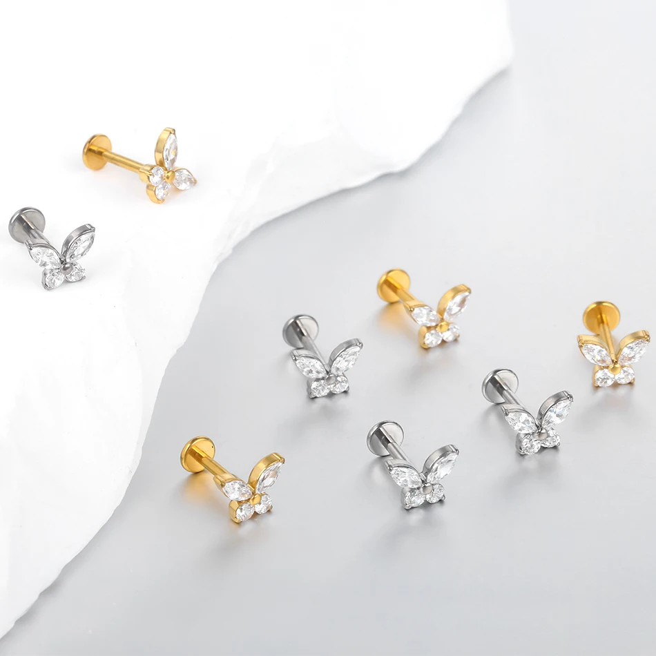 여성을위한 1Pc 티타늄 귀 연골 스터드 귀걸이 내부 스레드 지르콘 꽃 귀 엽 Tragus 헬릭스 립 링 쥬얼리 16G