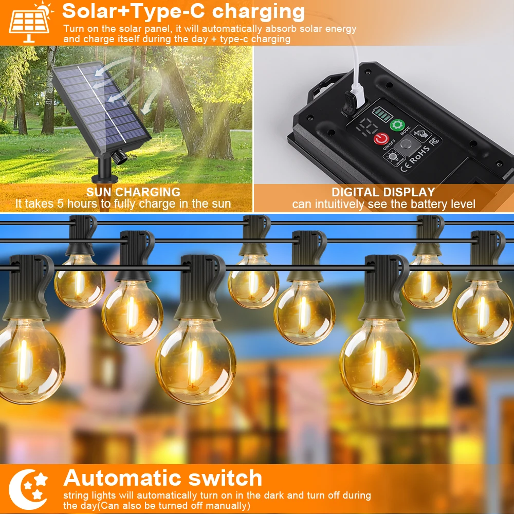 G40 야외 태양 문자열 빛 갈 랜드 LED 태양 문자열 조명 24V 글로브 방수 매달려 조명 정원 뒷마당 카페