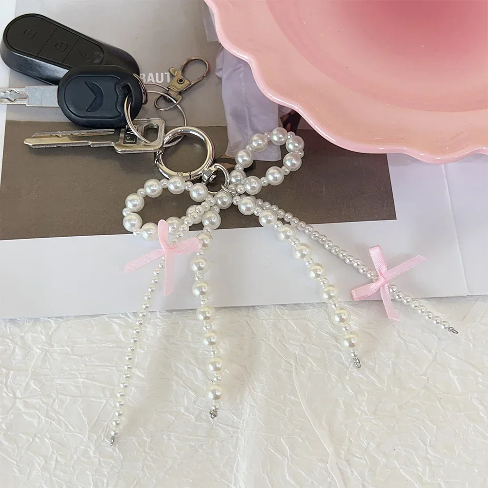 화이트 펄 원단 나비 매듭 키체인, 귀여운 스위트 자동차 전화 가방, 걸이식 체인 키링, 친구 선물 액세서리, 새로운 패션