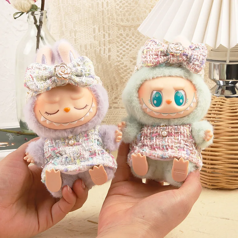 17cm Labubu 아이돌 인형 럭셔리 의류 복장 블랙 드레스 세트 Labubu V1V2 미니 DIY 인형 의류 가방 신발 액세서리