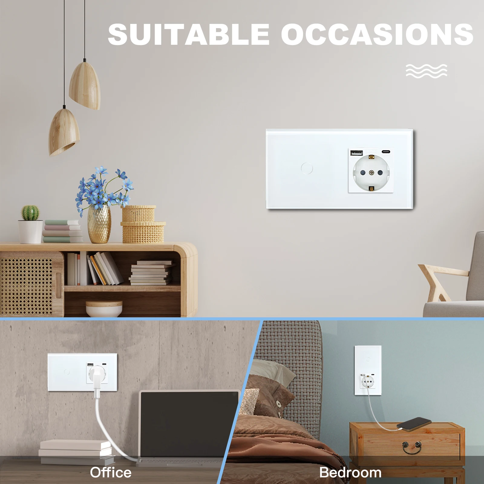 BSEED 1/2/3Gang 터치 라이트 스위치 1Way 단순 센서 스위치 유형-c USB 소켓 EU 표준 유리 패널 파란색 백라이트 10A 흰색