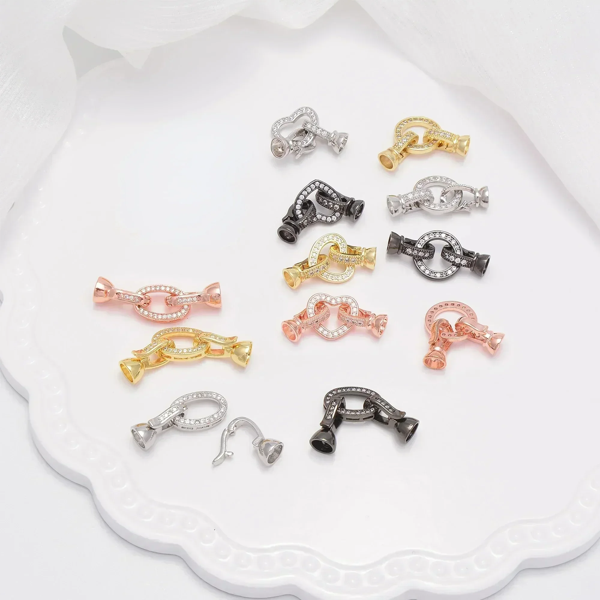 쥬얼리 제작용 포장 지르콘 커넥터, DIY 목걸이 팔찌 체인 액세서리, 금/실버 색상, 원형 하트 모양 부품, 1 개