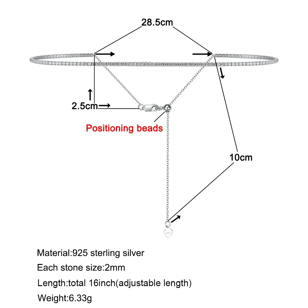 여성을위한 2mm Moissanite 테니스 목걸이 S925 실버 도금 18K 골드 스파클링 라인 석 초커 체인 웨딩 쥬얼리 조절 가능