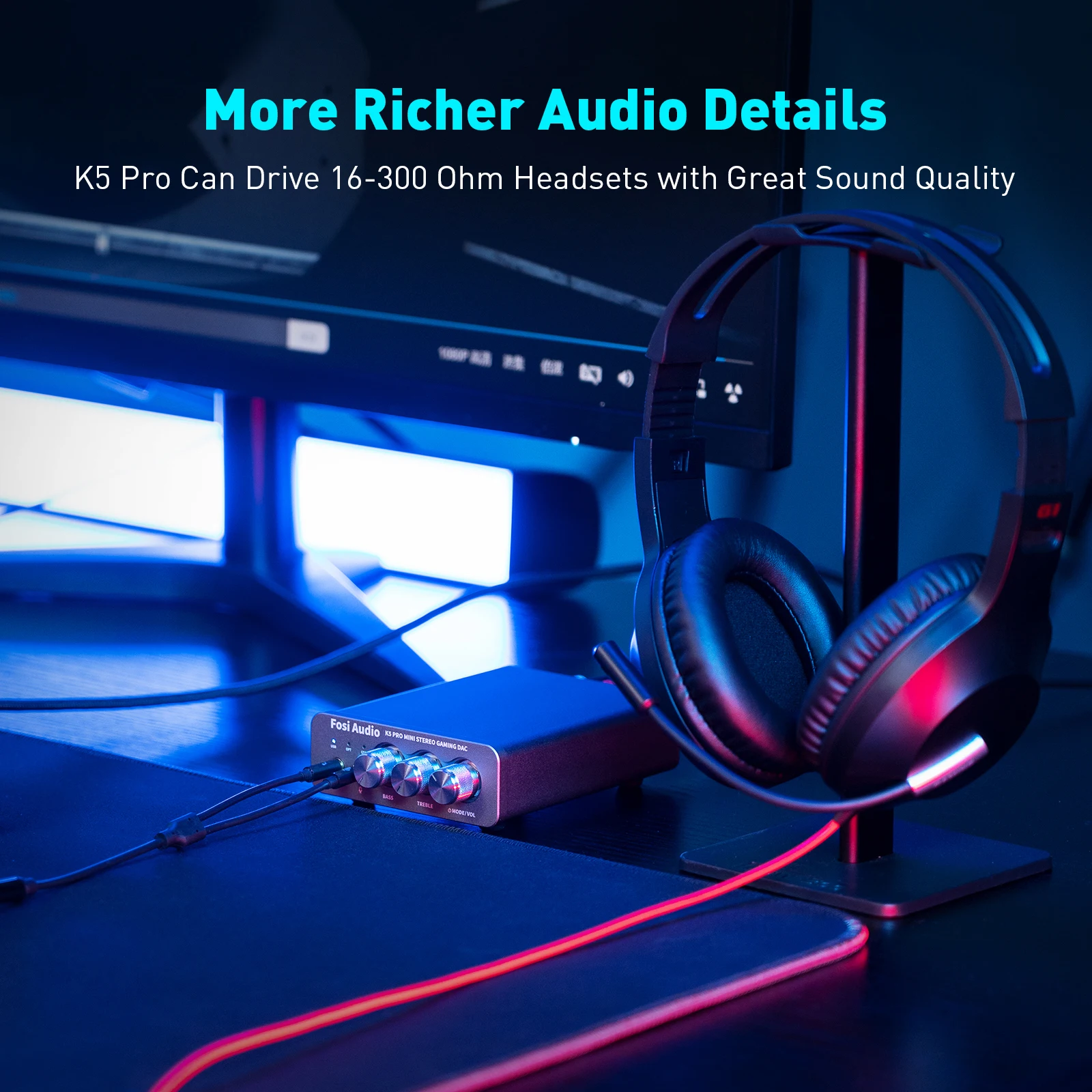 Fosi Audio K5 PRO 게임용 USB DAC(마이크 헤드폰 앰프 포함) PS5 데스크탑 전원 액티브 스피커용 미니 오디오 디코더