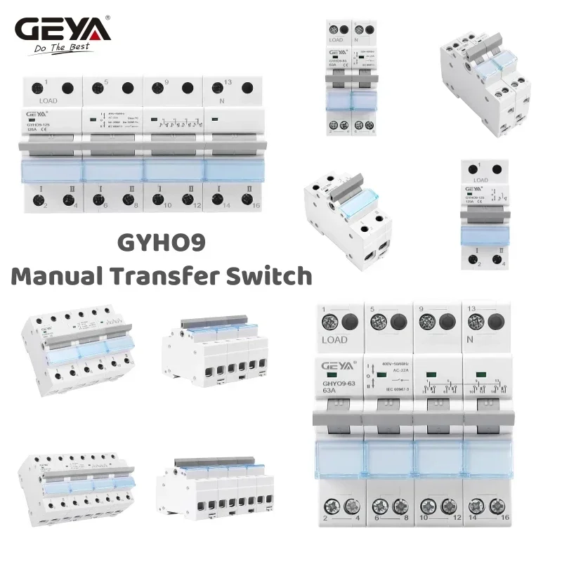 GEYA GYHO9 수동 전송 스위치 표시기가 있는 새로운 디자인 63A 100A 125A MTS 이중 전원 수동 변환 절연 스위치