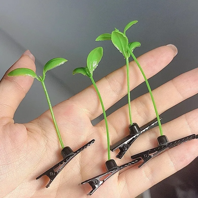 2025 새로운 간단한 한국어 녹색 새싹 잔디 헤어 클립 식물 콩 머리 여자를위한 귀여운 머리핀 여자 헤어 식물 액세서리 선물