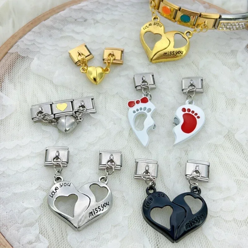 2025 새로운 여성 금색과 은색 사랑 커플 이탈리아어 매력 탄성 링크 맞는 9mm 스테인레스 스틸 모듈 형 팔찌 쥬얼리