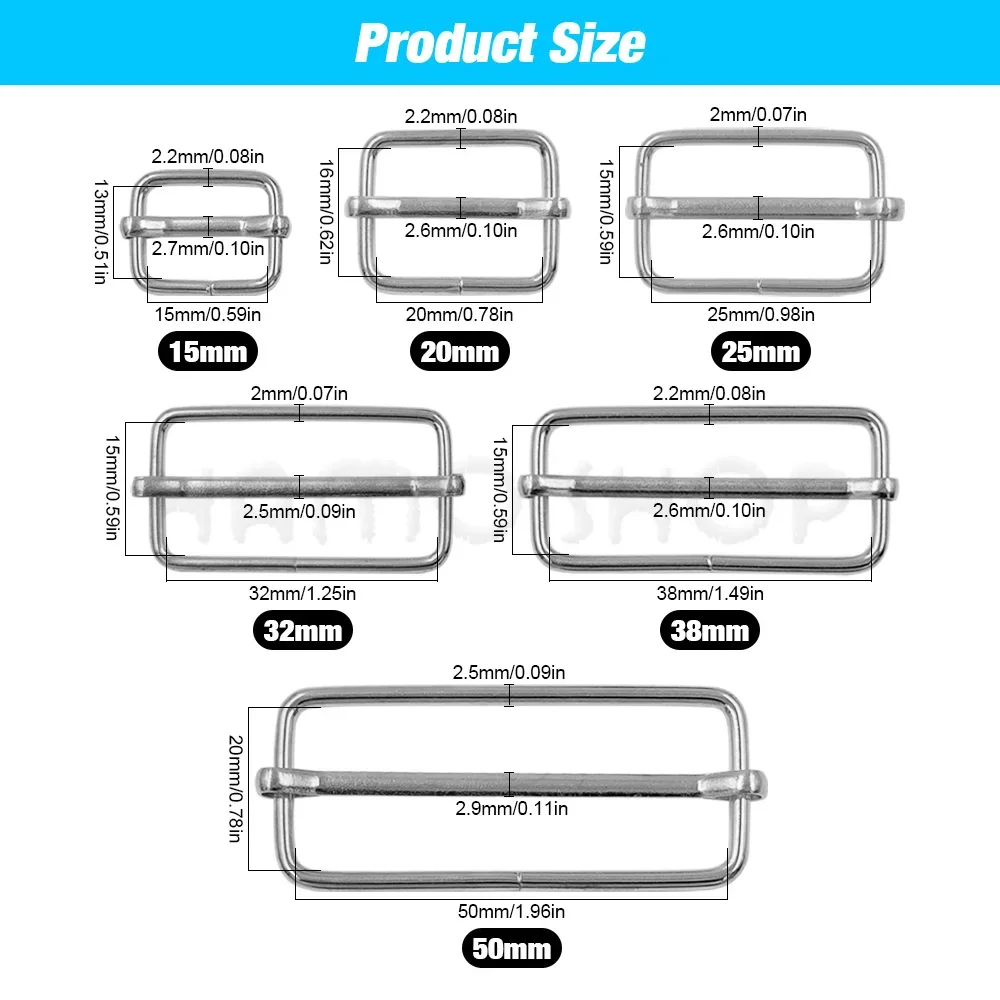 10pcs 금속 슬라이드 사각형 반지 버클 스트랩 조절기 벨트 리본 스트랩 가방 하드웨어 바느질 고양이 개 목걸이 DIY 액세서리