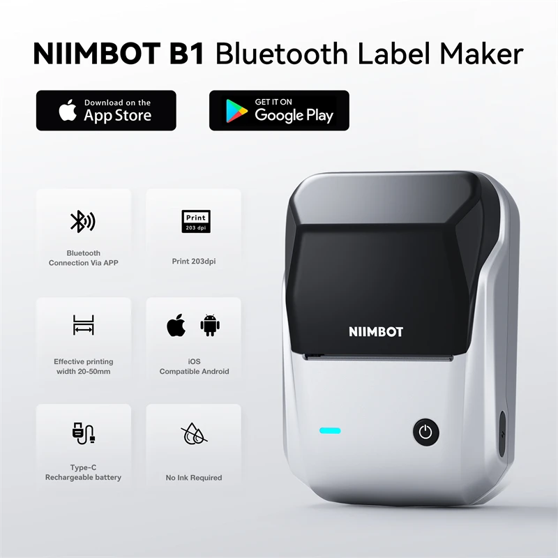NIIMBOT B1 테이프가있는 휴대용 열전 사 프린터 2 인치 접착 라벨 프린터 미니 블루투스 스티커 메이커 지원 스마트 폰 PC