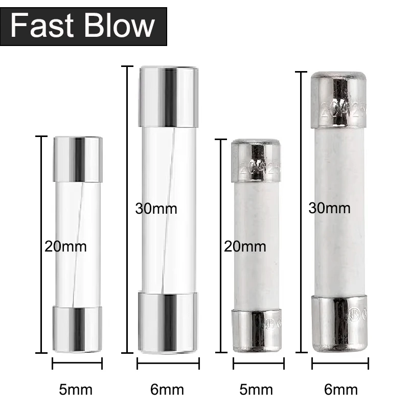 20PCS 5x20 6x30mm 세라믹 유리 퓨즈 250V 0.2A 0.5A 1A 2A 3A 5A 6A 8A 10A 15A 5*20 6*30 멀티 미터 퓨즈 자동 보험 튜브