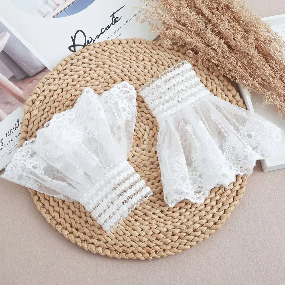 1 쌍 분리형 커프스 레이스 플라워 메쉬 가짜 플레어 슬리브 더블 레이어 Pleated Ruched False Cuffs 스웨터 블라우스 손목 워머
