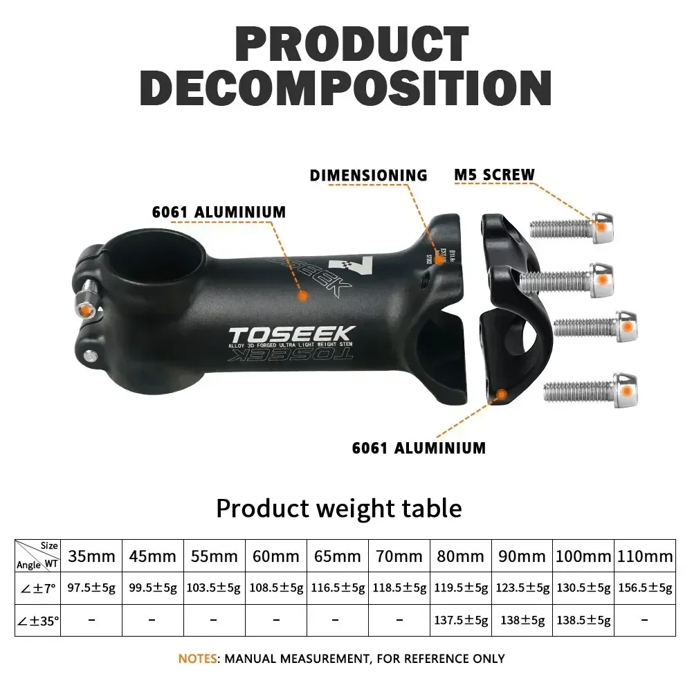 TOSEEK 7도 자전거 줄기 28.6mm 31.8mm MTB 도로 자전거 테이블 35-110mm 부정적인 자전거 전원 경량 산악 자전거 줄기