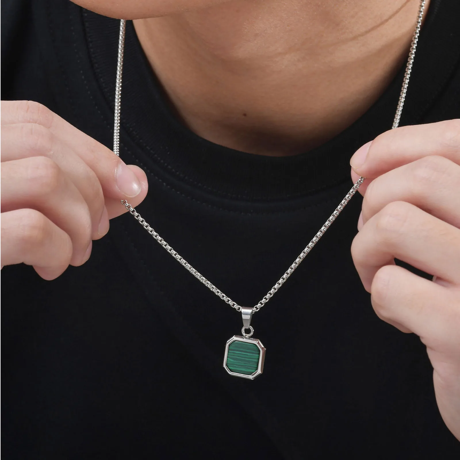 남자 소년을위한 트렌디 한 펜던트 목걸이, 사각형 천연석 스테인레스 스틸 목걸이, 새로운 힙합 멋진 보석 선물