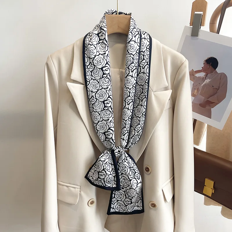 50 색상 새로운 여성 실크 느낌 인쇄 디자인 스카프 목도리 패션 럭셔리 긴 좁은 작은 실크 스카프 숙녀 머리띠 Headscarf