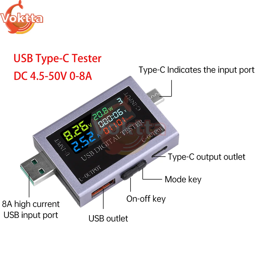 듀얼 USB Type-C 테스터 DC 4.5-50V 0-8A 다기능 디지털 디스플레이 전압 전류계 전력계 보조베터리 충전 테스터 title=듀얼 USB Type-C 테스터 DC 4.5-50V 0-8A 다기능 디지털 디스플레이 전압 전류계 전력계 보조베터리 충전 테스터