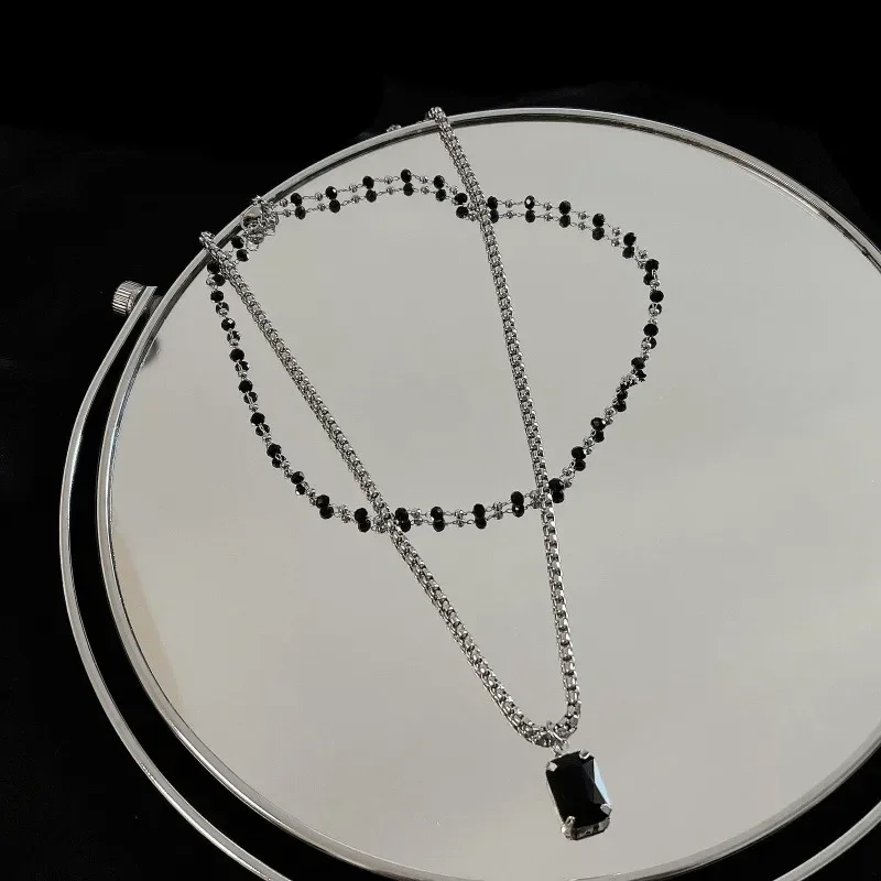 여성용 블랙 크리스탈 비즈 더블 레이어 목걸이, 맞춤형 패션 데일리 액세서리, 파티 쥬얼리, 생일 선물, 신제품