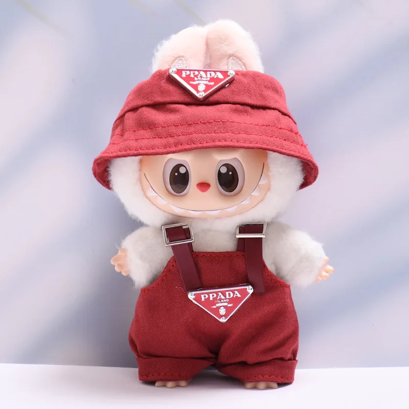17cm 라부부 미니 인형 고급 의류 의상 모자 옷 라부부 II 인형 스트랩 바지 세트 앉아있는 파티 게임 장난감 액세서리
