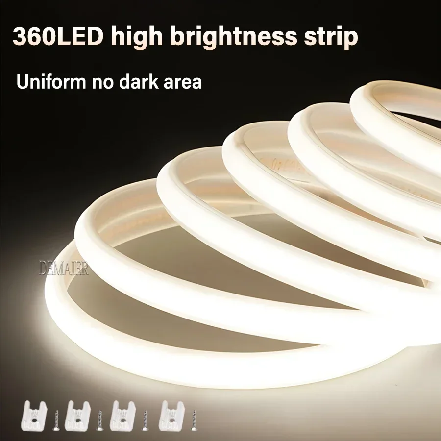 1M-50M 220V COB LED 스트립 디밍 가능 360LED/m EU 플러그 주방 홈 룸 장식 야외 정원 조명에 대 한 유연한 리본