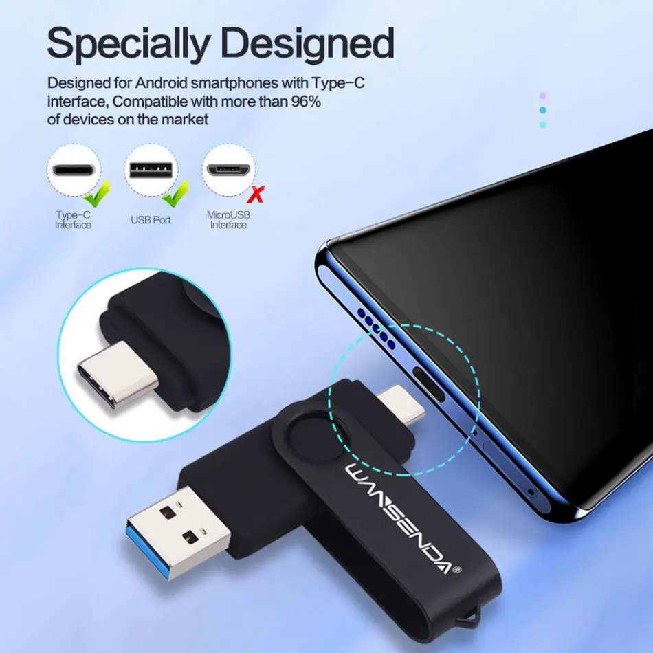 새로운 WANSENDA USB 3.0 유형 C USB 플래시 드라이브 OTG 펜 드라이브 512GB 256GB 128GB 64GB 32GB 16GB USB 스틱 2 in 1 고속 Pendrive