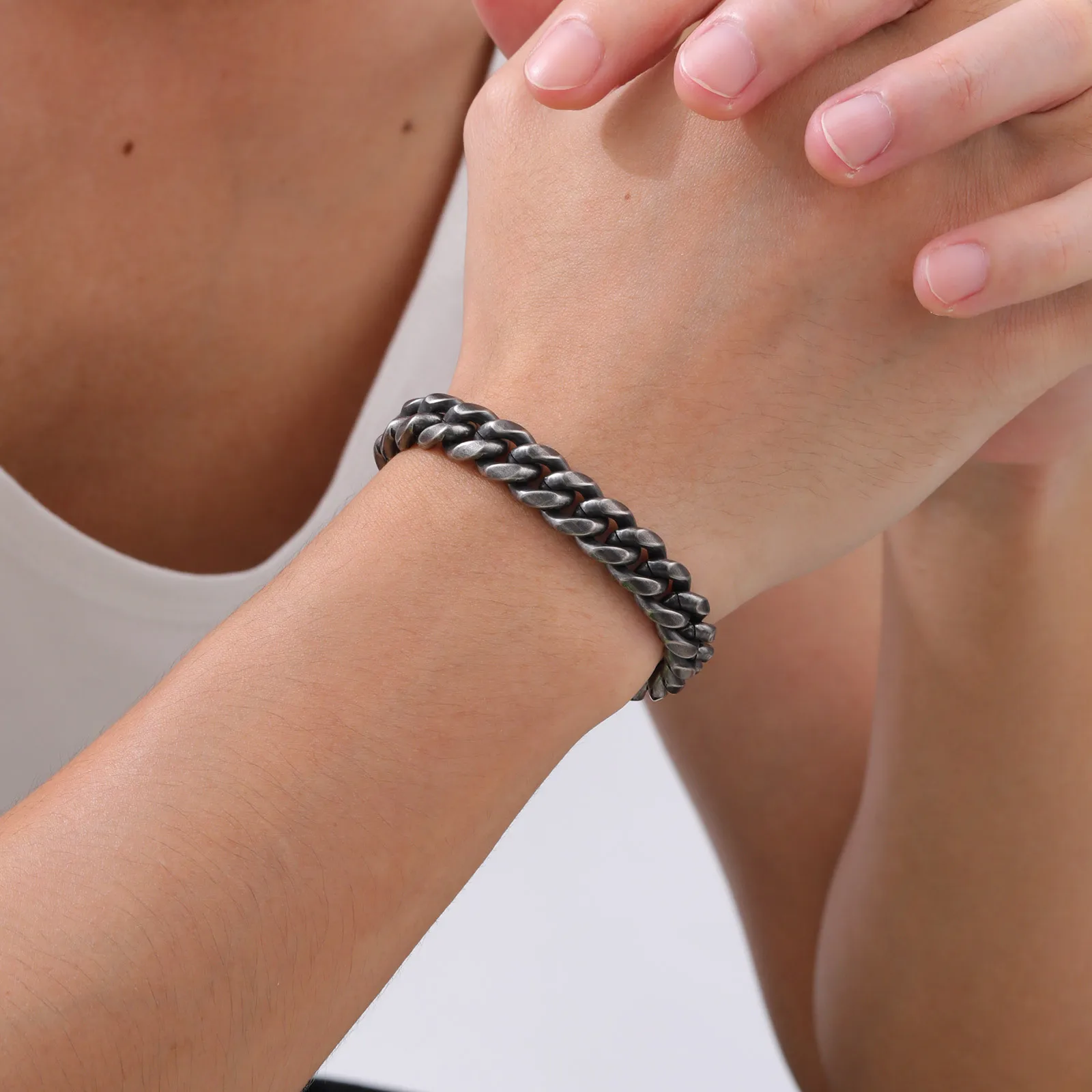 남성용 레트로 쿠바 체인 팔찌, 빈티지 골동품 스테인레스 스틸 커브 돔 링크 팔찌, 락 펑크 세련된 보석 선물
