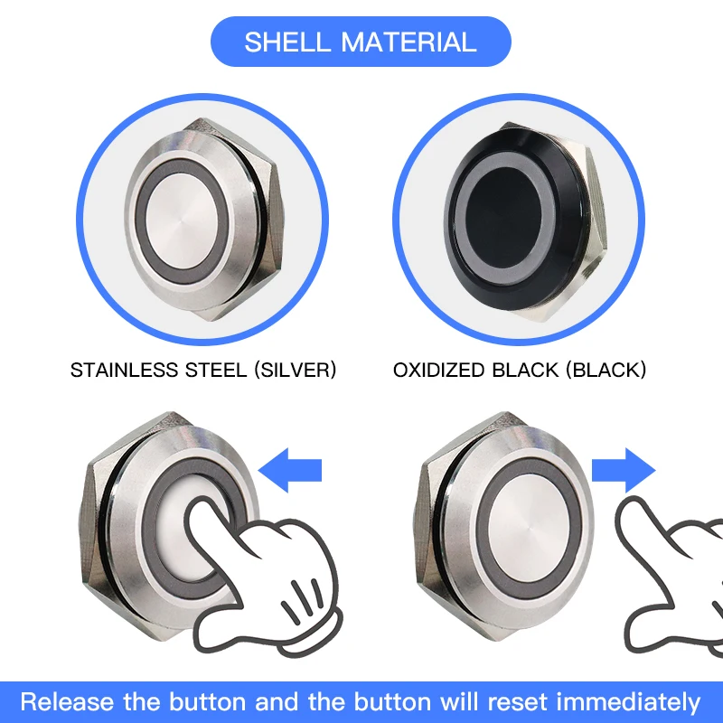 울트라 짧은 푸시 버튼 스위치 방수 19/22/25/30mm 12v 220v led 조명 순간 자체 재설정 고정 없이 배선 버튼