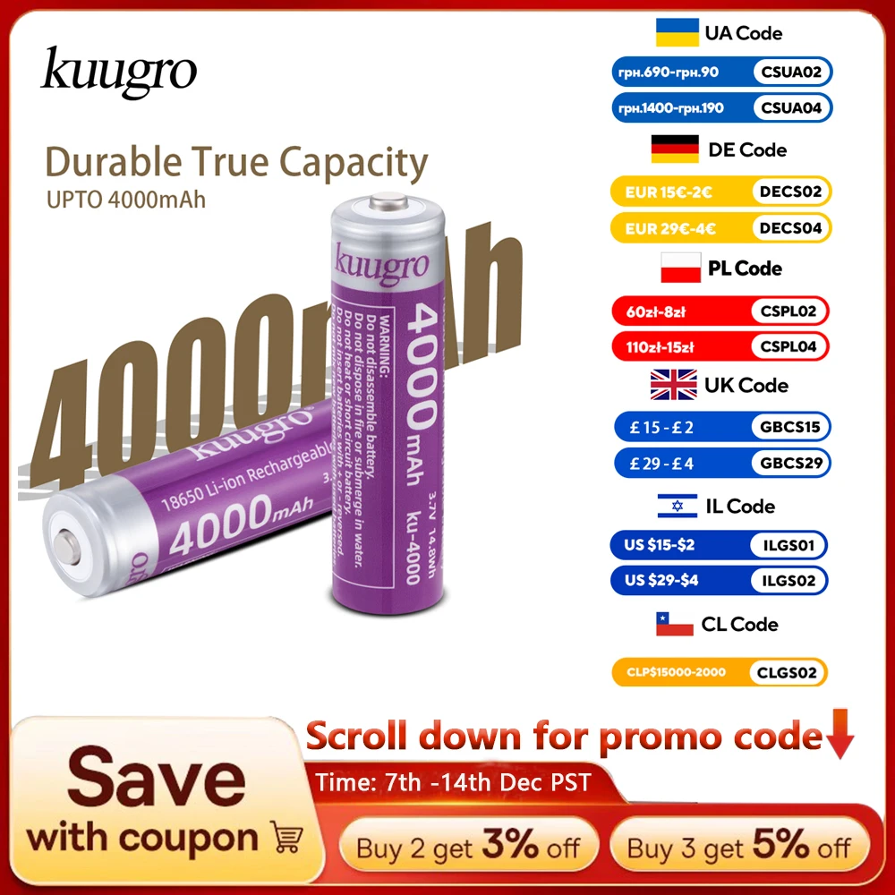 Kuugro 18650 4000mAh 뾰족한 헤드 배터리 3.7V 최대 용량 12A 손전등 배터리 용 방전 충전식 배터리 title=Kuugro 18650 4000mAh 뾰족한 헤드 배터리 3.7V 최대 용량 12A 손전등 배터리 용 방전 충전식 배터리 