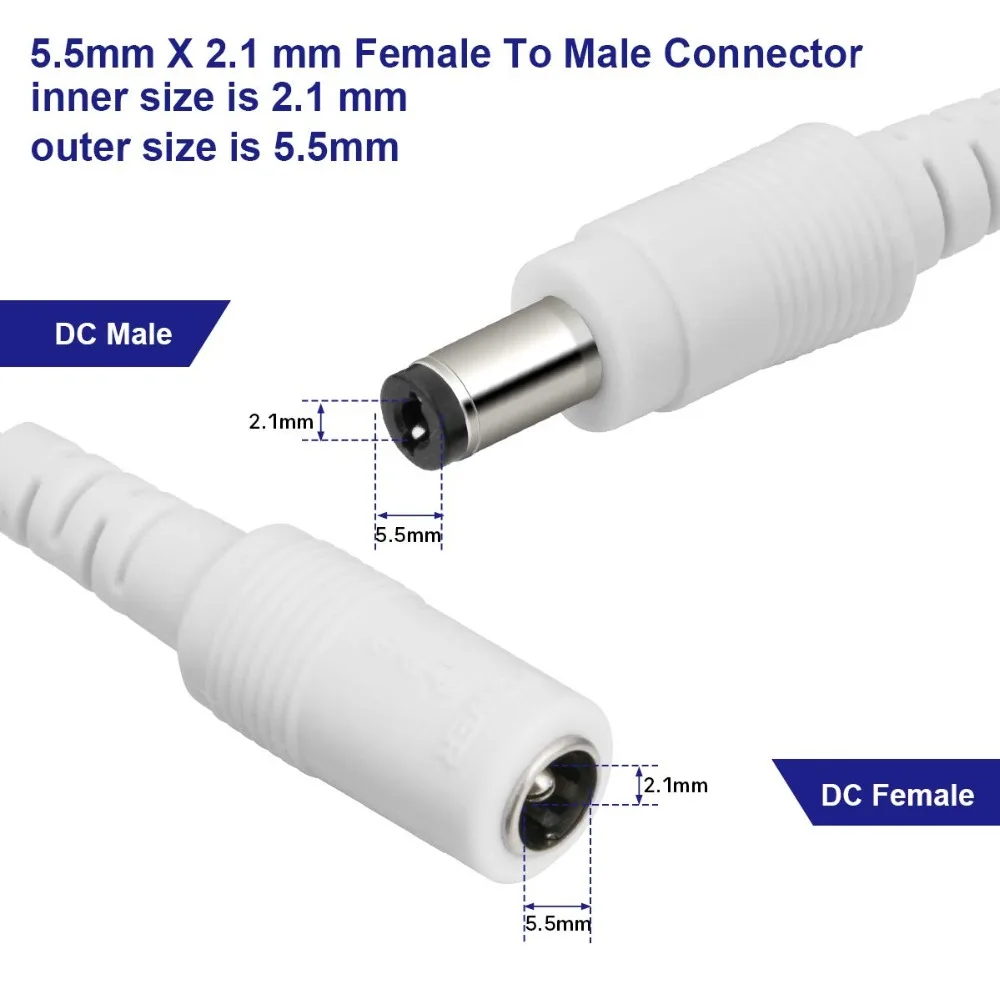 DC 12V 연장 전원 케이블 2.1mm*5.5mm 남성-여성 연결 와이어 흰색 검정색 0.5m 1m 2m 3m 5m 10m LED 조명 CCTV 카메라
